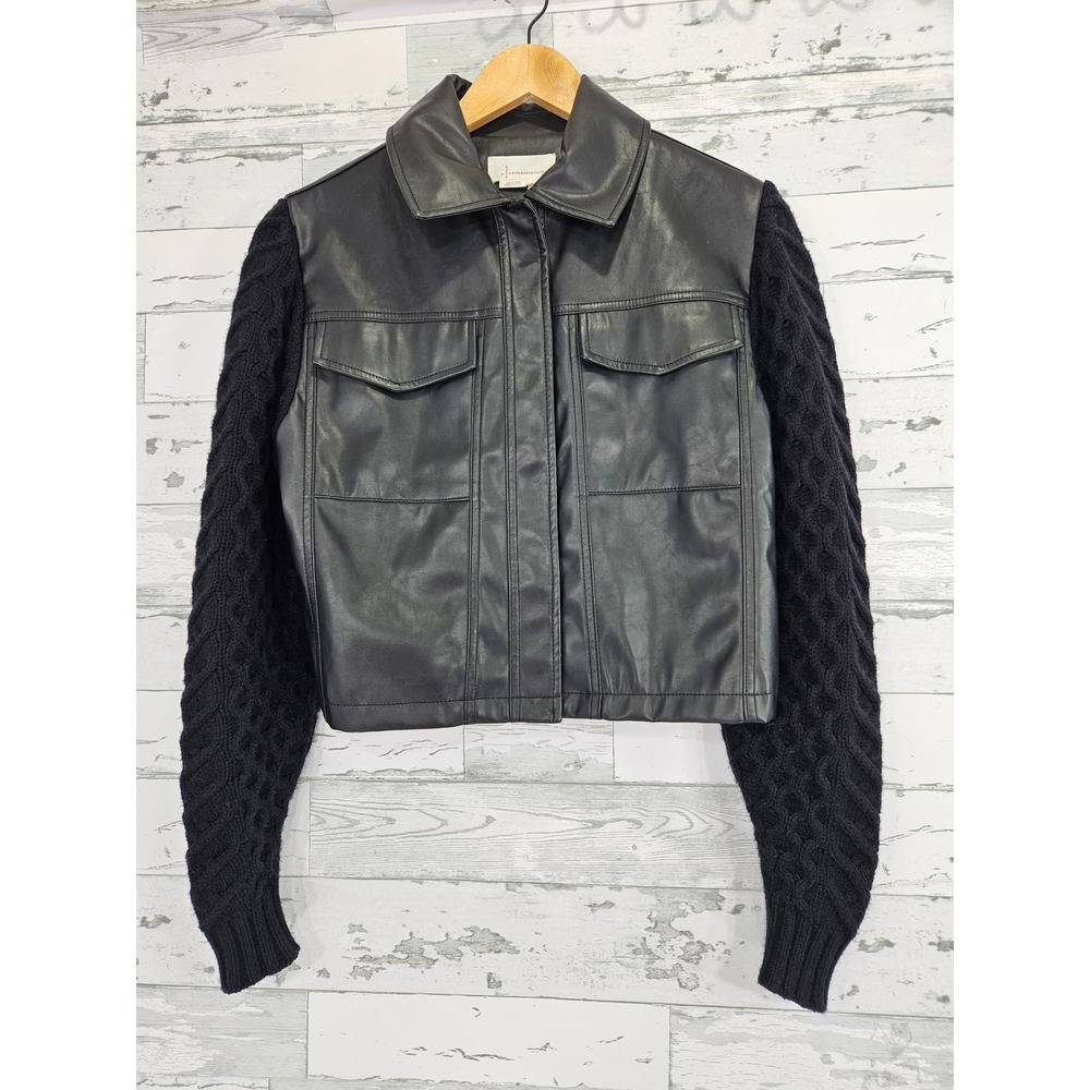 Anthropologie Faux Leather Mixed Media Cable Knit Sleeve Jacket Black Small